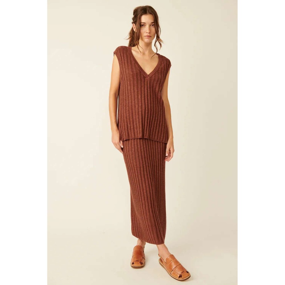 Free People Beach Ribbed Knit Two Piece Set Maxi Skirt V-Neck Top Mauve Brown